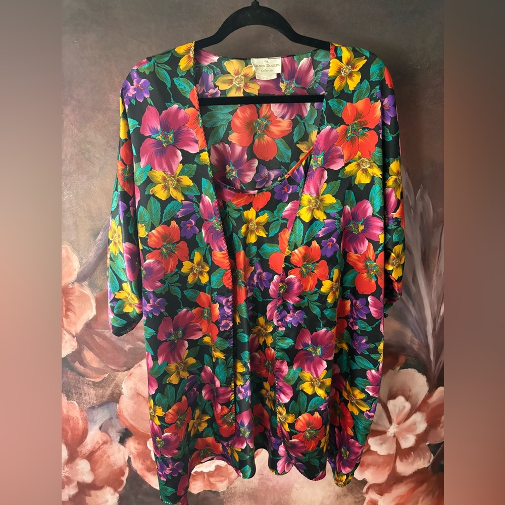 Super Colorful Vintage Floral Robe and Nightgown Size L